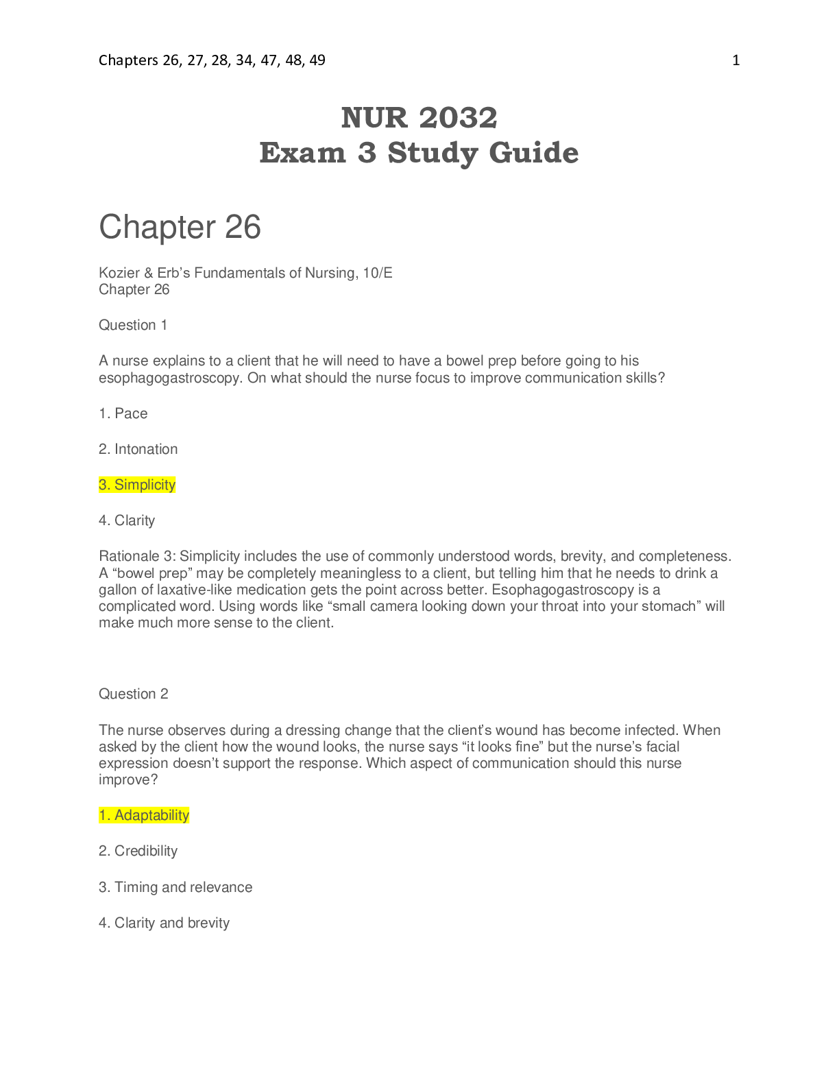 NUR 2032 Exam 3 Study Guide Chapters 26, 27, 28, 34, 47, 48, 49
